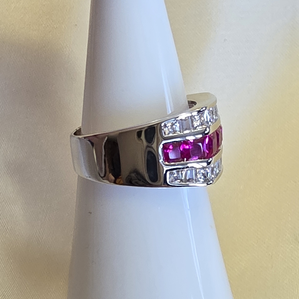 Simulated Ruby And White Diamond (Cz) Silvertone … - image 3